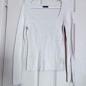 White Ribbed Long Sleeve Sweater with Sweetheart Neckline